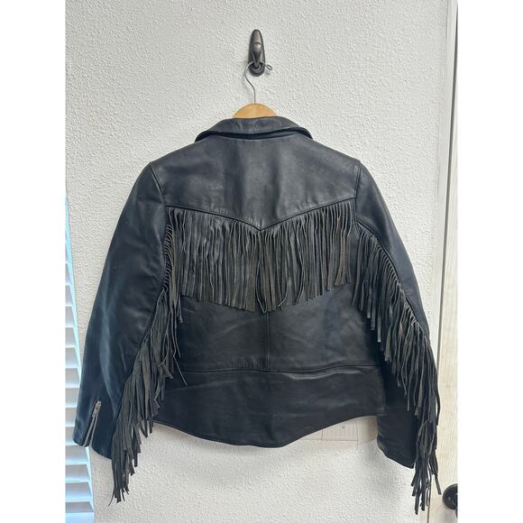 DRAG SPECIALTIES HEAVY BLACK LEATHER FRINGE MOTORCYCLE JACKET SIZE 12 W/ PINS - Picture 8 of 10